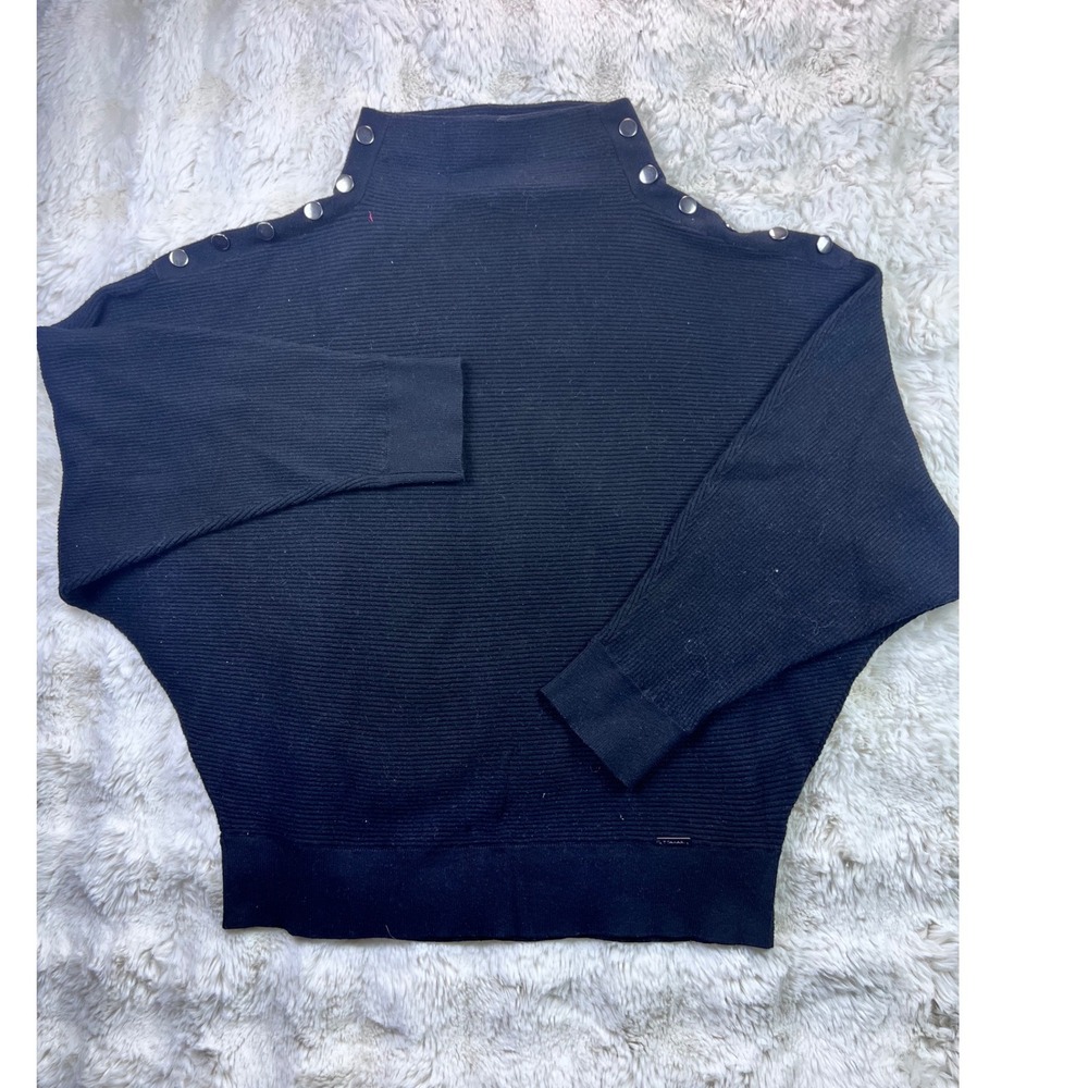 Tahari Black Ribbed Mock Neck Batwing Sweater Snap Shoulder XL. A39